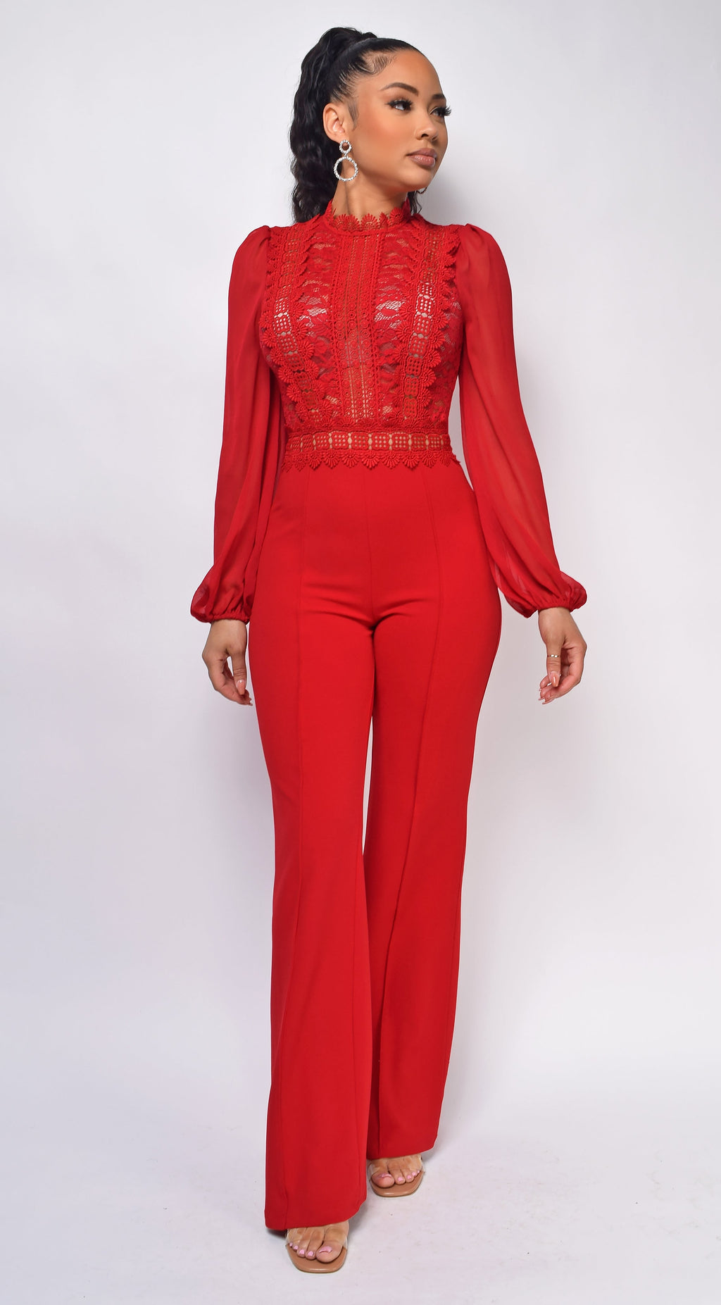 Red Crochet Lace Mesh Jumpsuit