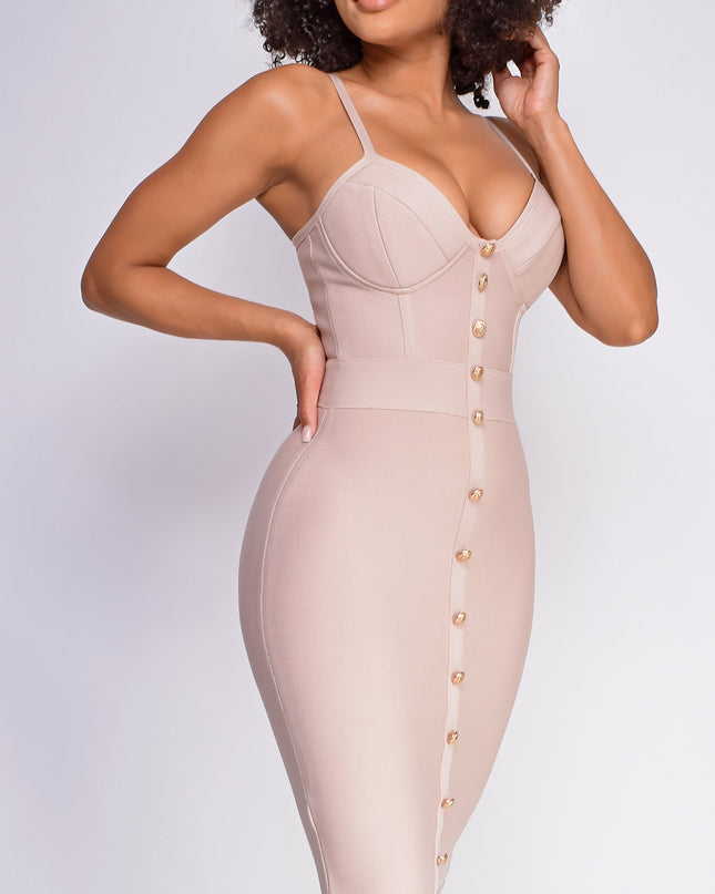 Nude Gold Button Bandage Dress