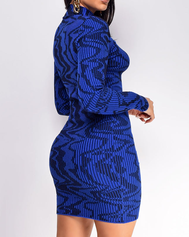 Navy Blue Wave Print High Neck Mini Dress