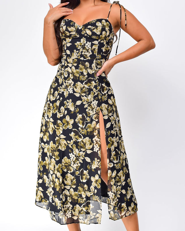 Black Floral Print Side Slit Midi Dress