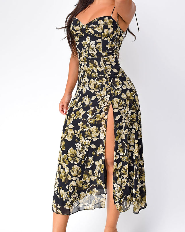 Black Floral Print Side Slit Midi Dress