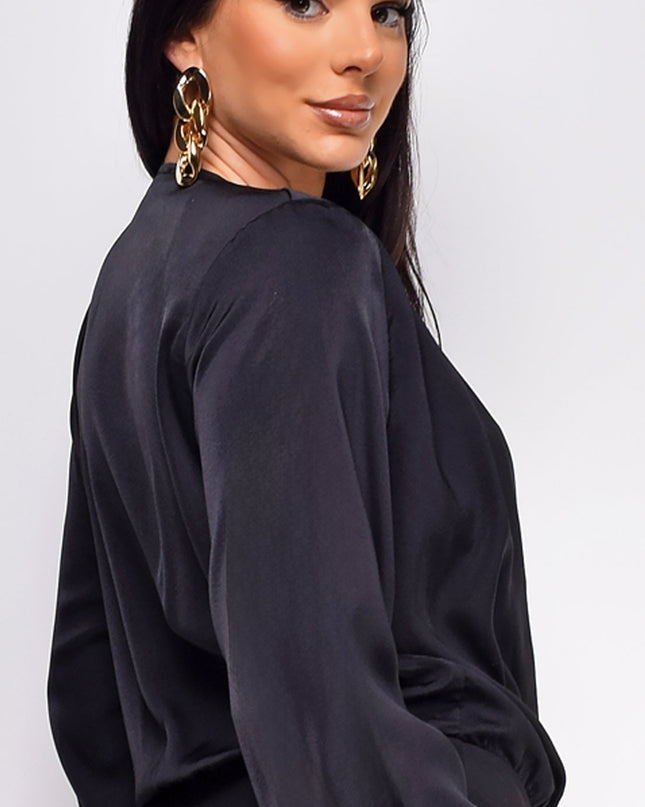 Black Pleated V Neck Satin Bodysuit