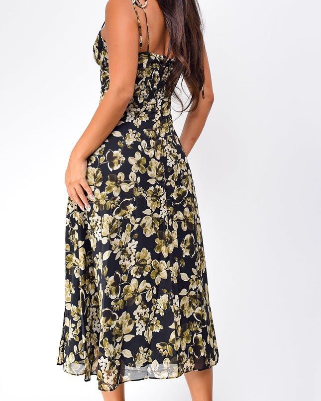Black Floral Print Side Slit Midi Dress