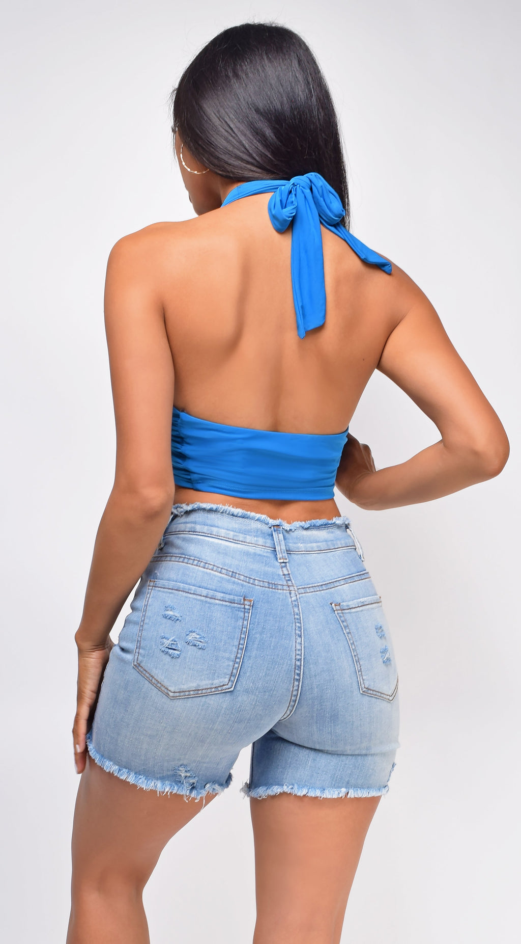 Blue Wrap Halter Neck Crop Top