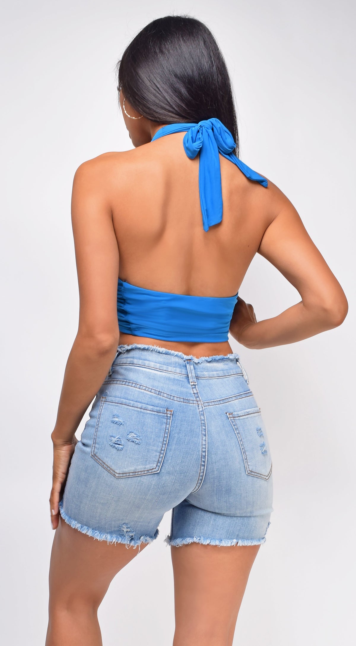 Blue Wrap Halter Neck Crop Top