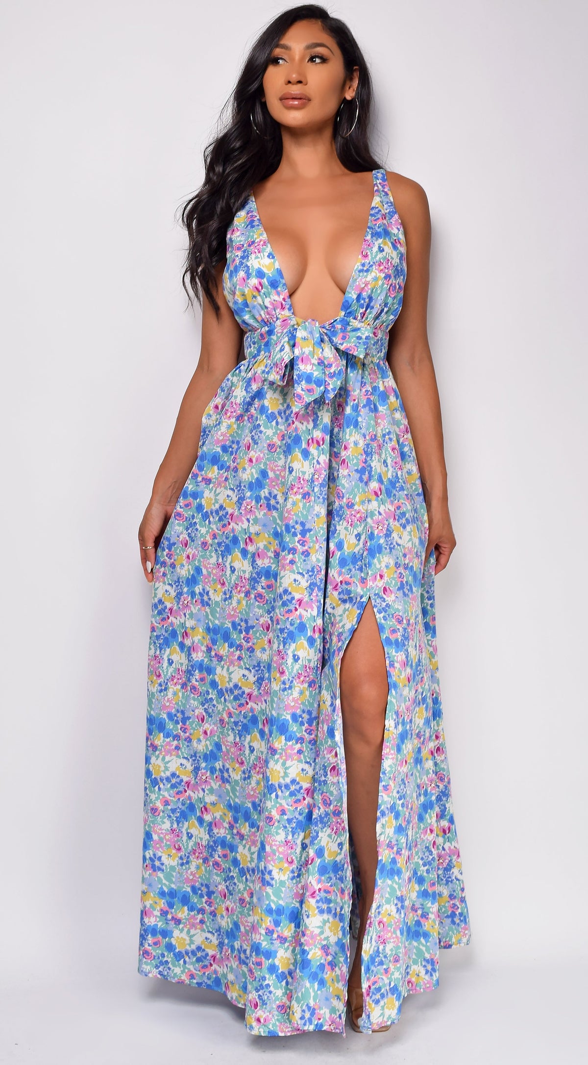 Blue Floral Print Maxi Dress