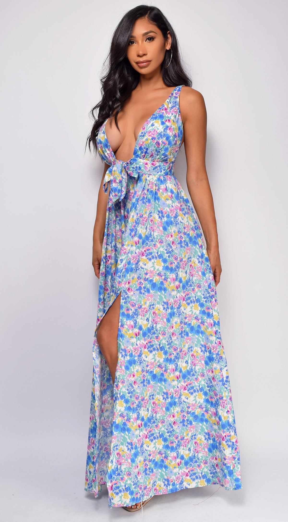 Blue Floral Print Maxi Dress