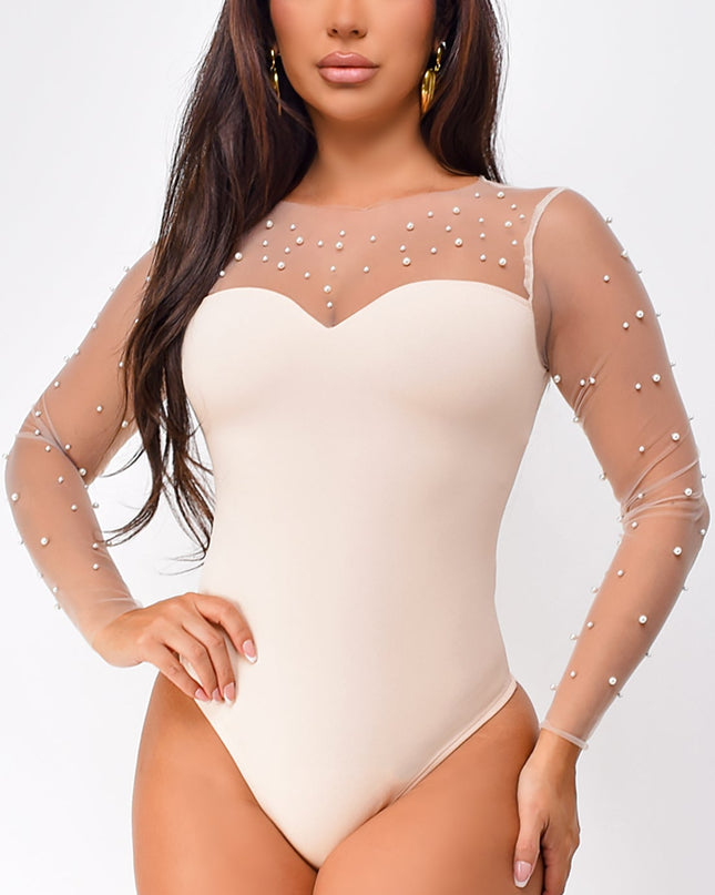 Beige Pearl Mesh Bodysuit
