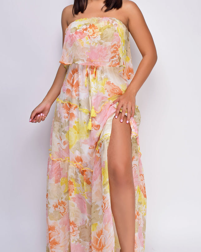Yellow Multi Floral Print Tube Sleeveless Side Slit Dress