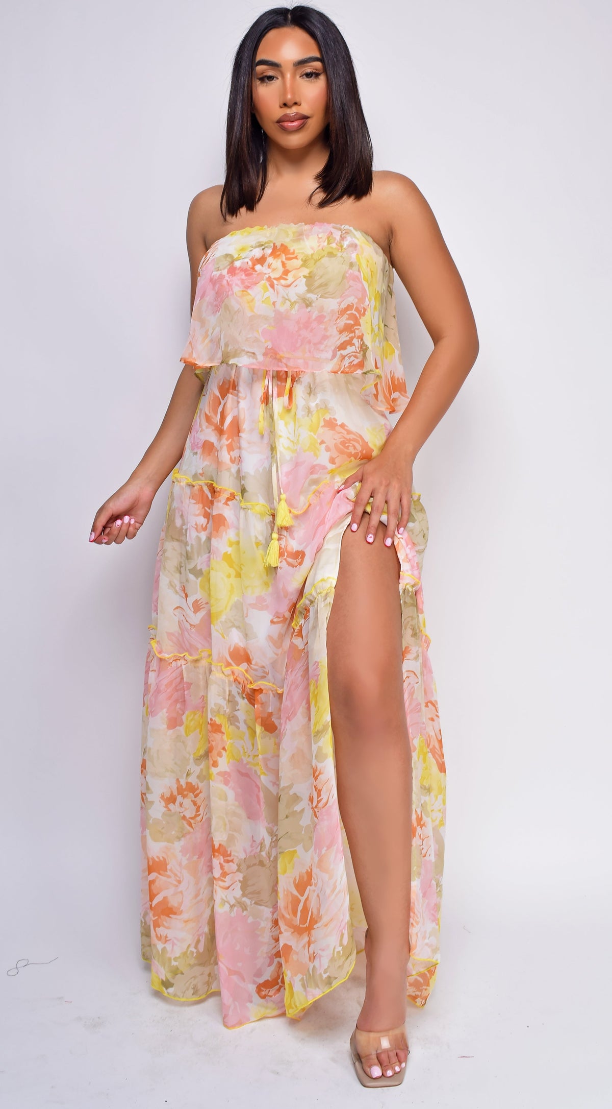 Yellow Multi Floral Print Tube Sleeveless Side Slit Dress