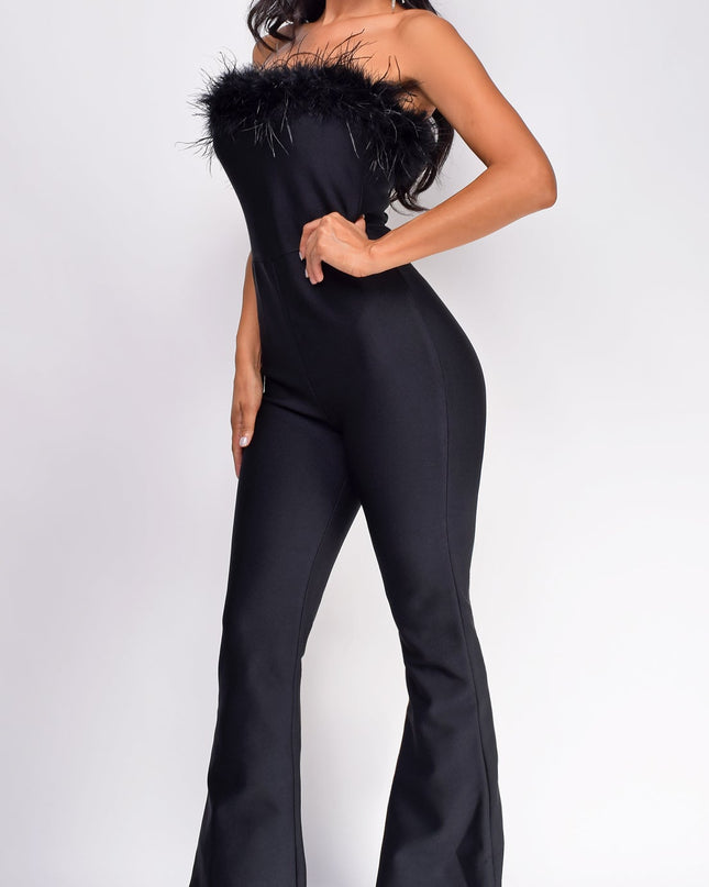 Black Feather Detail Bandage Jumpsuit