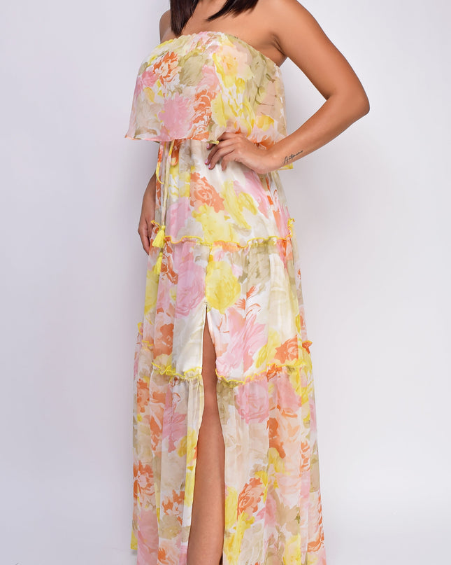 Yellow Multi Floral Print Tube Sleeveless Side Slit Dress