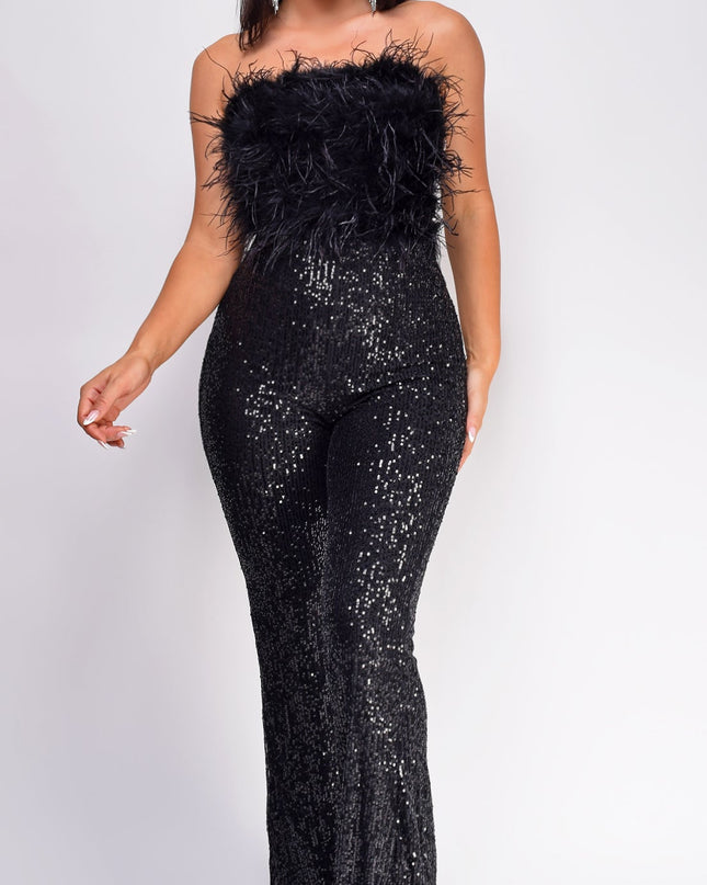 Black Feather Sequin Jumpsuit