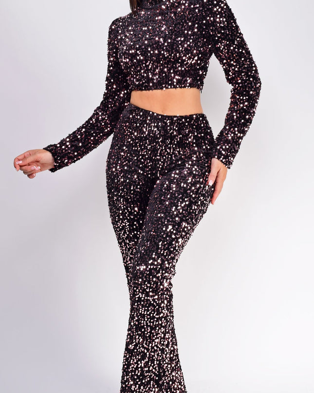 Black Pink Velvet Sequin Pants Set