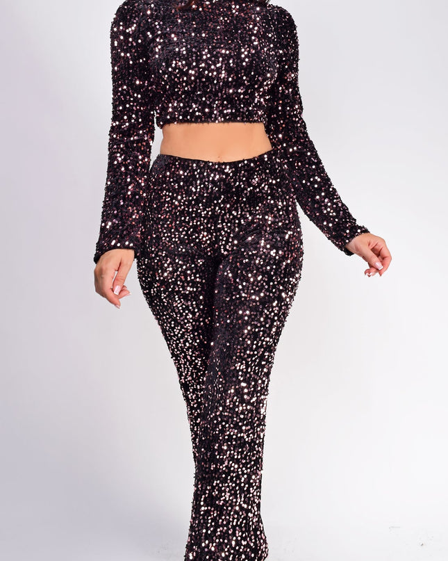 Black Pink Velvet Sequin Pants Set