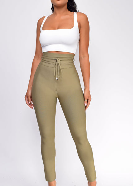 Olive Green High Waist Belted Bandage Pants