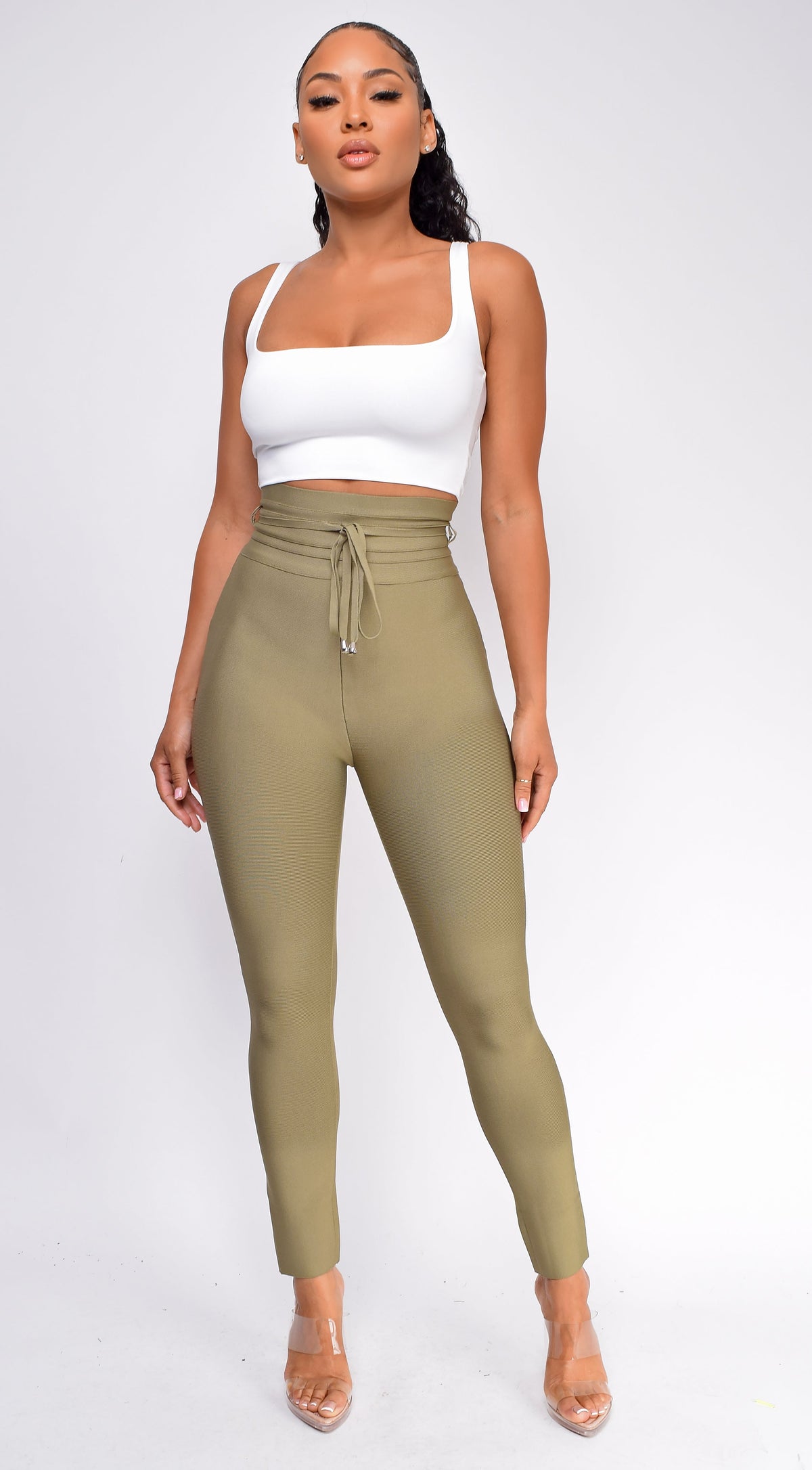 Olive Green High Waist Belted Bandage Pants