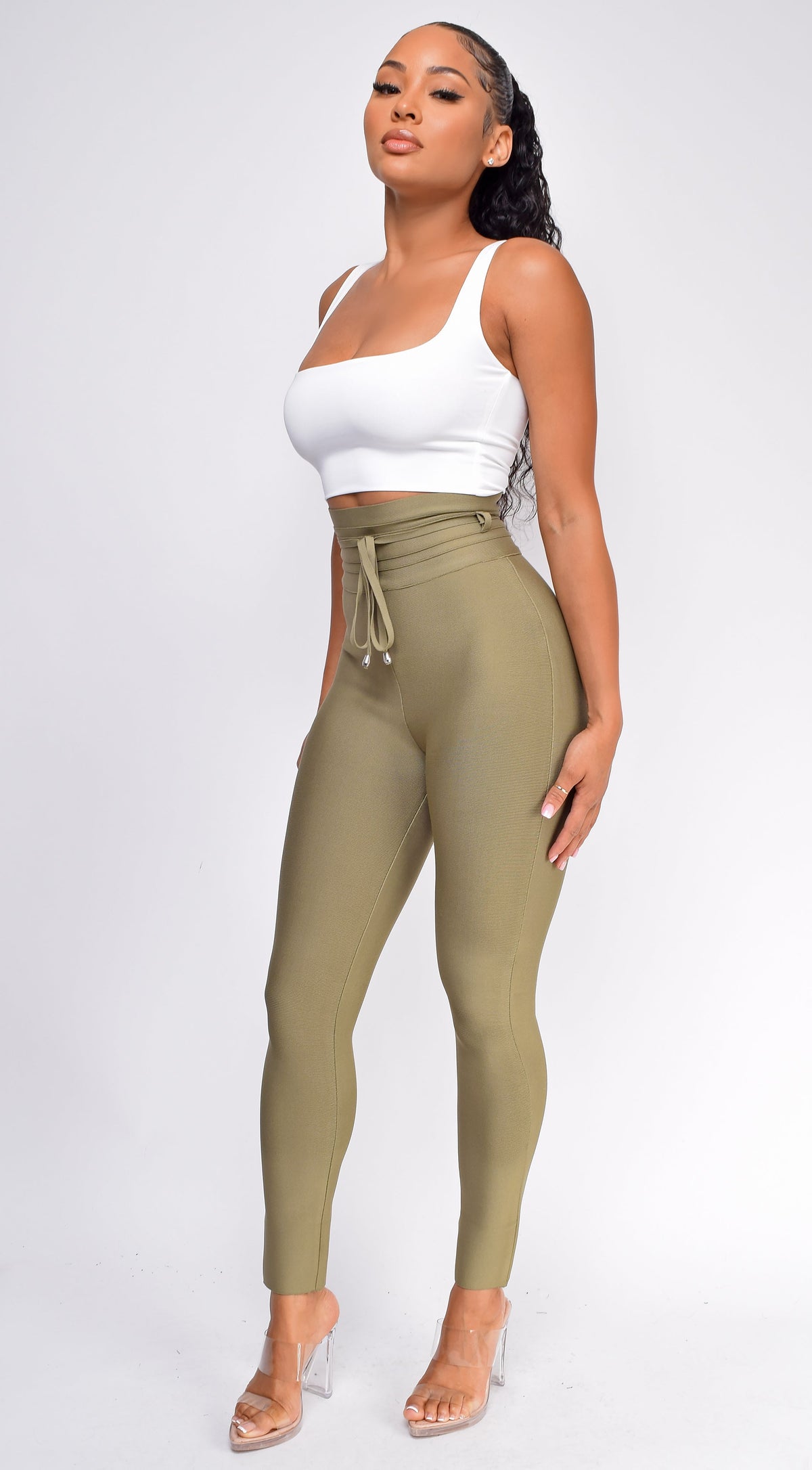 Olive Green High Waist Belted Bandage Pants