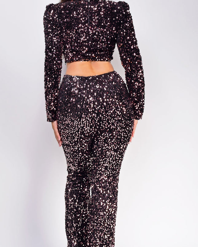 Black Pink Velvet Sequin Pants Set