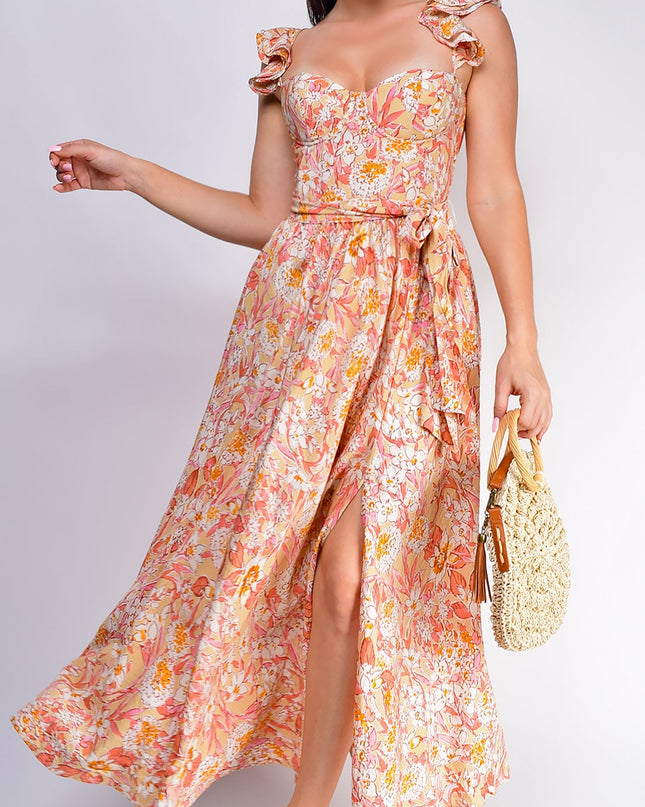 Sunset Floral Corset Ruffle Midi Dress