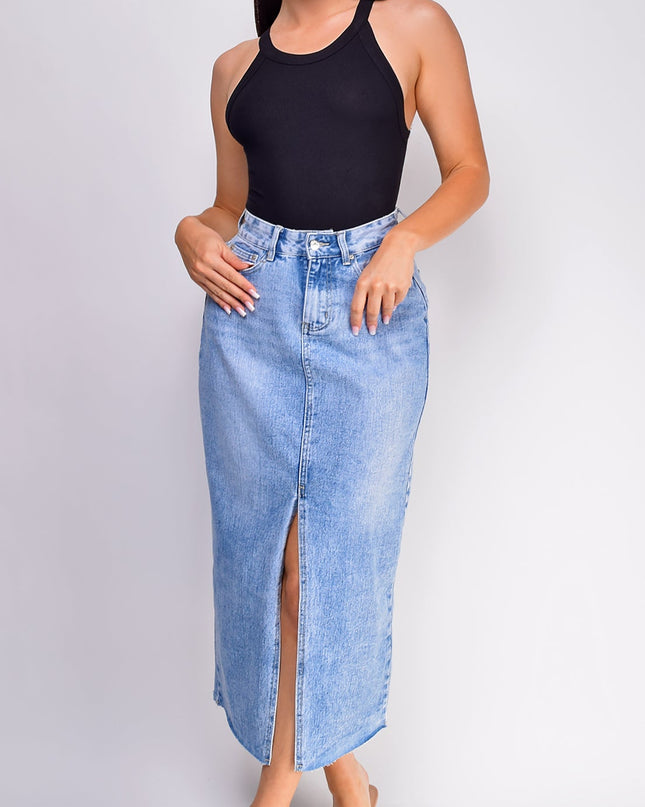 Blue High Rise Denim Midi Skirt