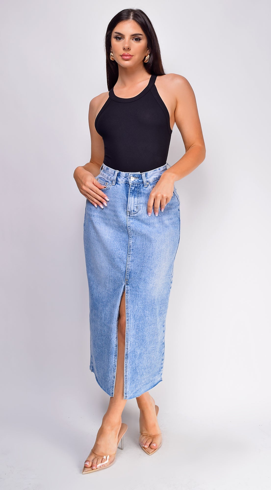Blue High Rise Denim Midi Skirt