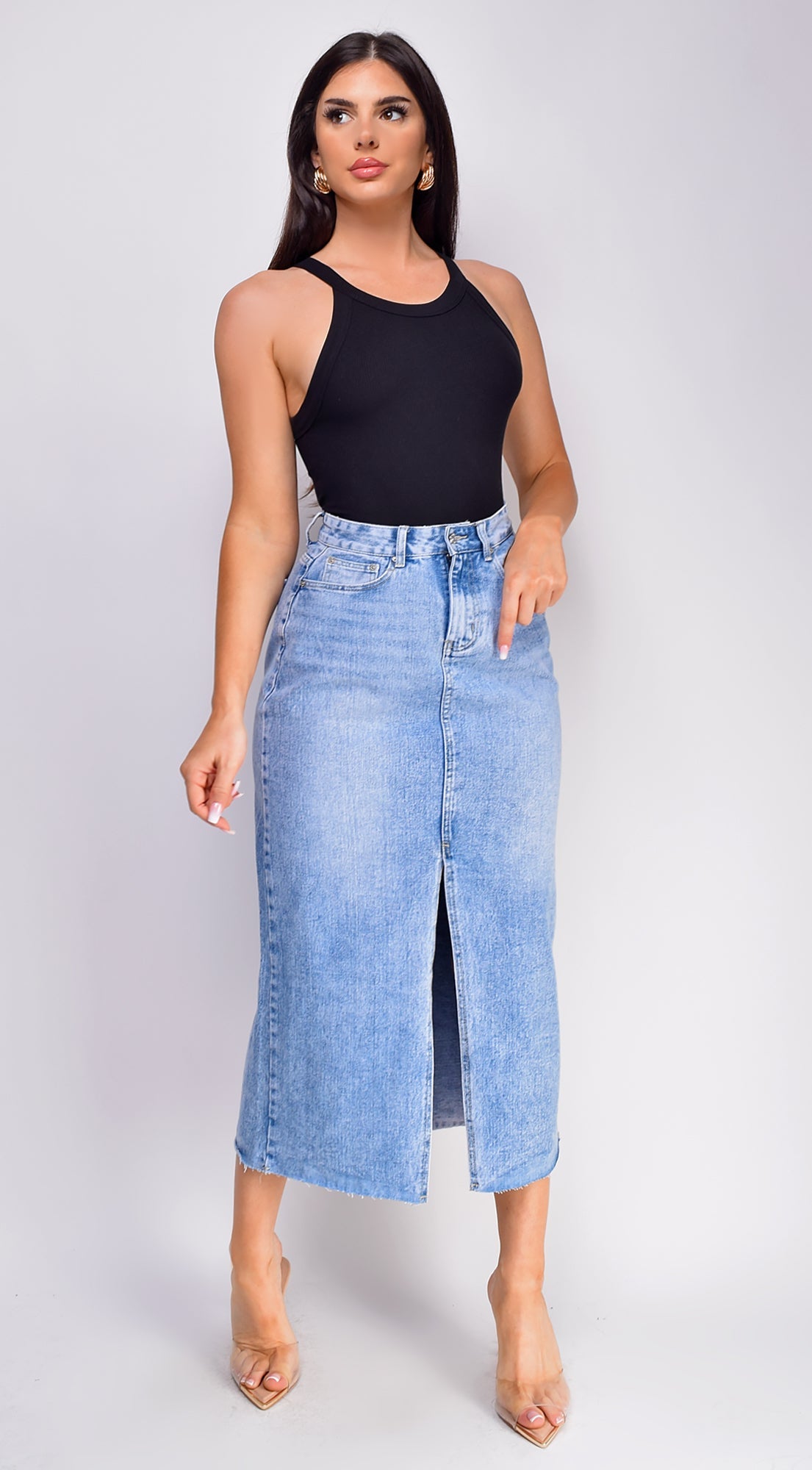 Blue High Rise Denim Midi Skirt