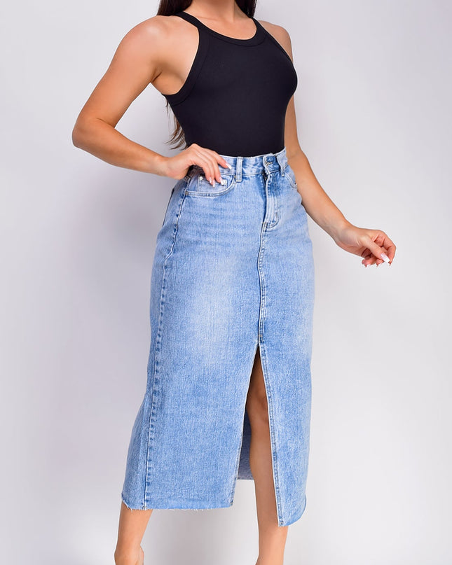 Blue High Rise Denim Midi Skirt