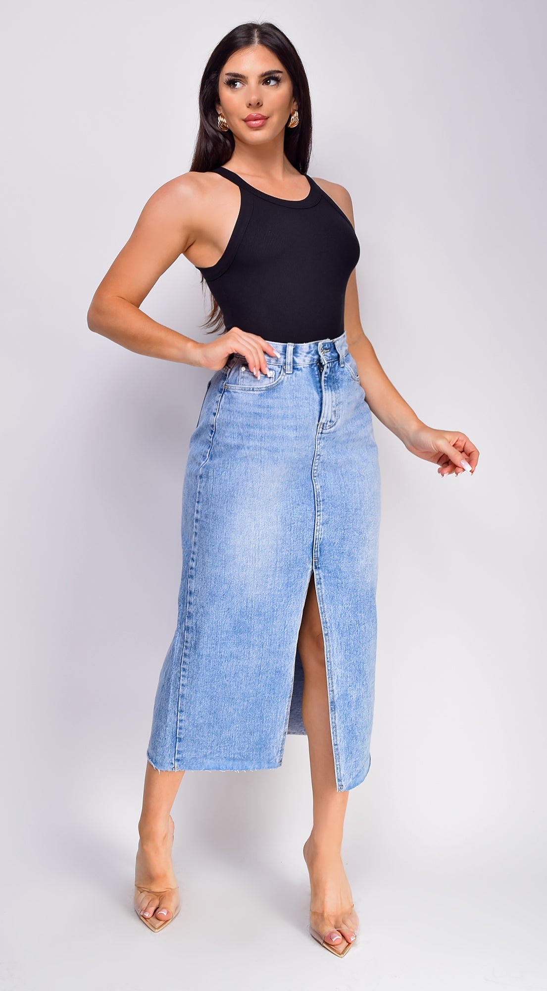 Blue High Rise Denim Midi Skirt