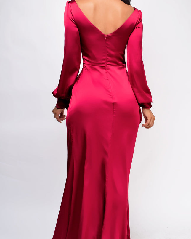 Burgundy Red Satin Wrap Slit Gown