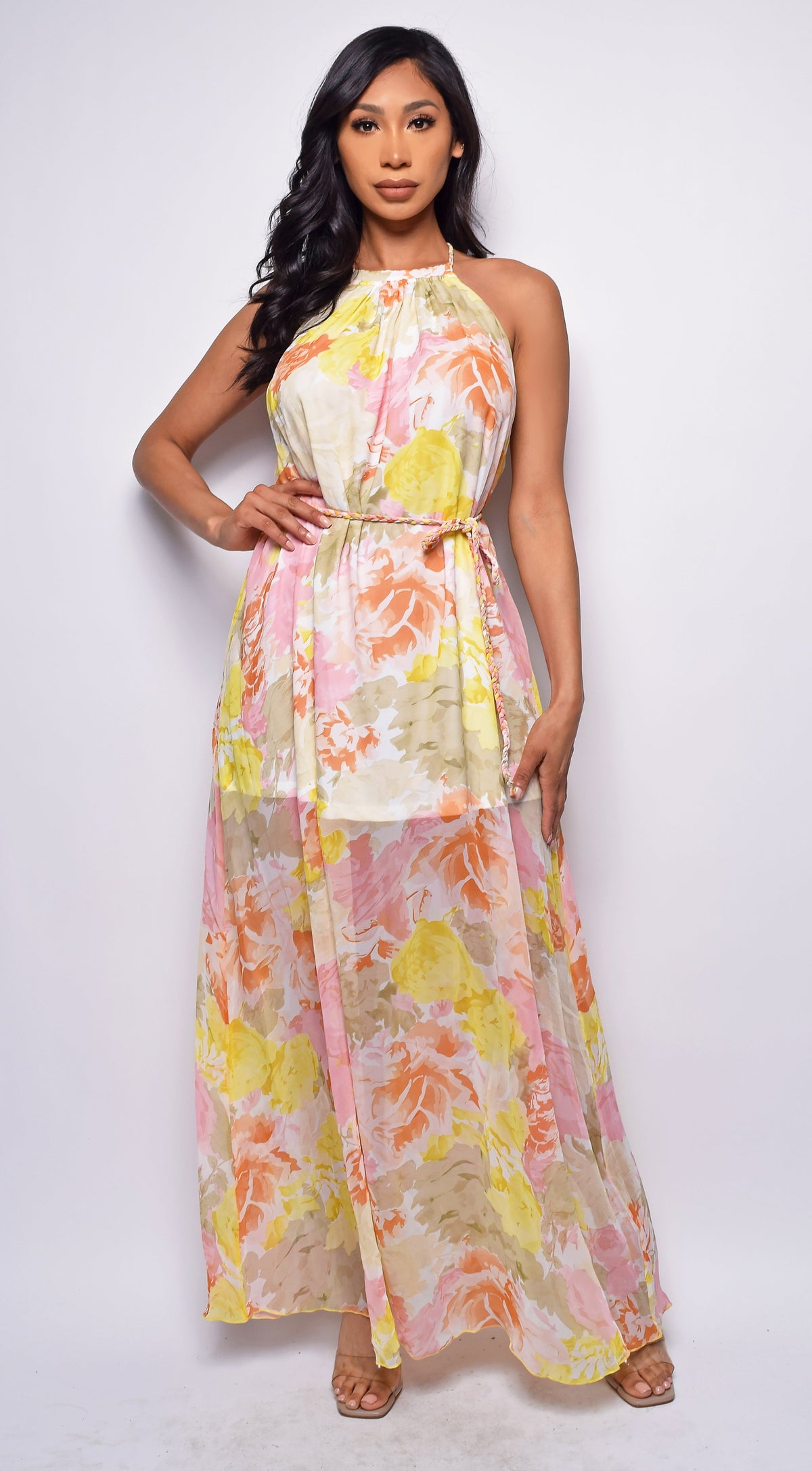 White Yellow Multi Color Floral Print Maxi Dress