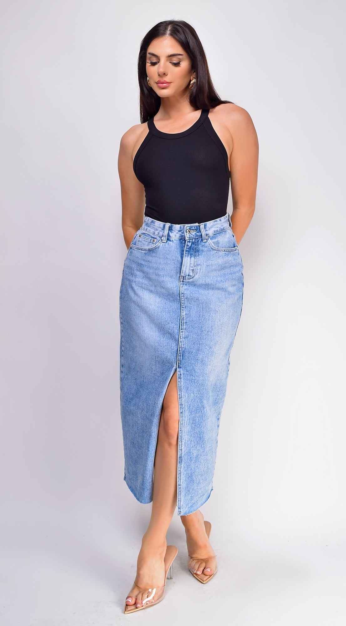 Blue High Rise Denim Midi Skirt