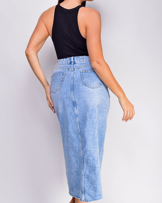 Blue High Rise Denim Midi Skirt