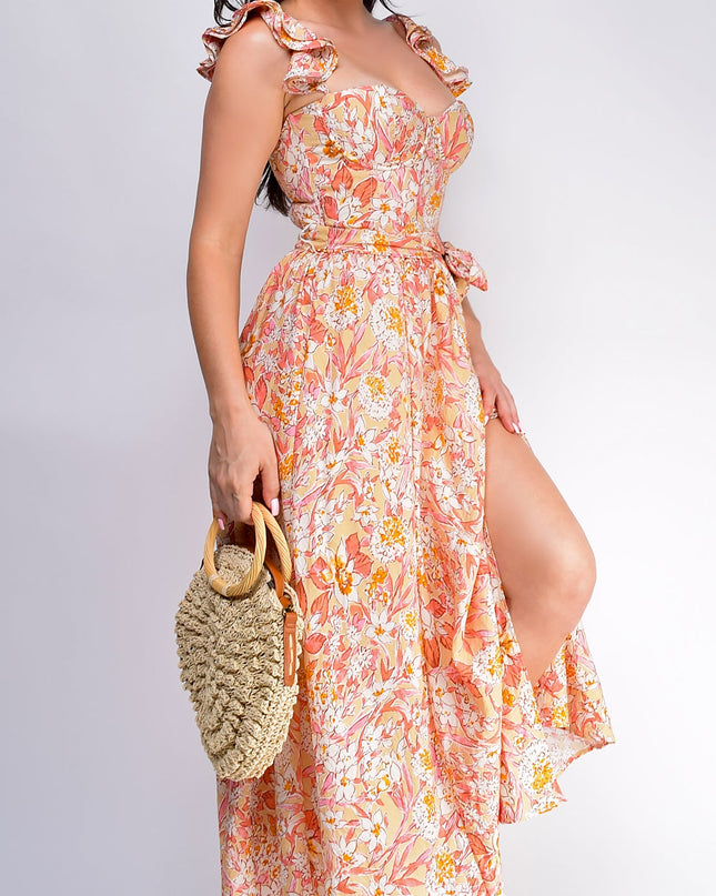 Sunset Floral Corset Ruffle Midi Dress