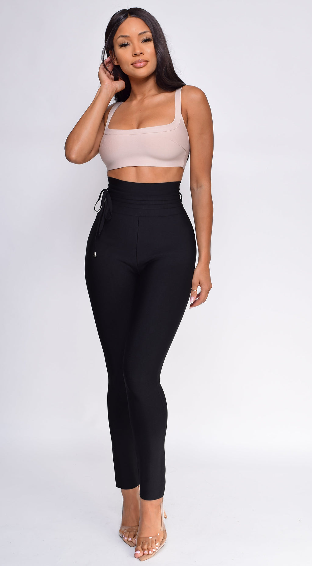 Black High Waist Belted Bandage Pants