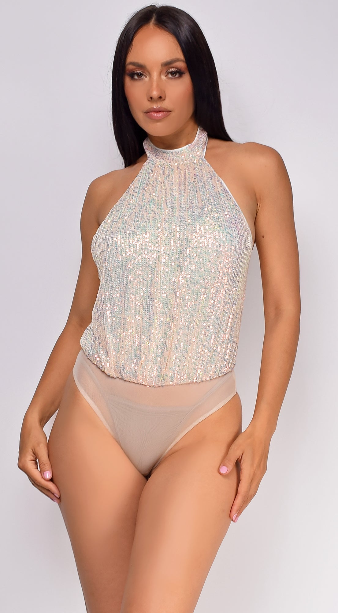 Nude Opal Sequin Halter Open back Bodysuit
