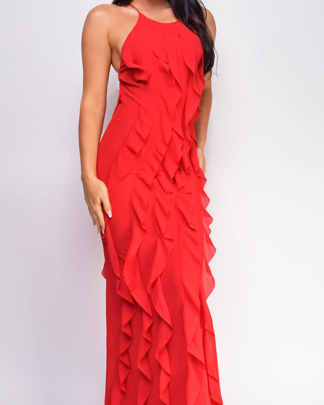 Red Halter Ruffle Maxi Dress