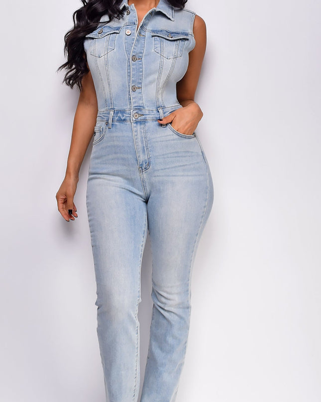 Blue Sleeveless Denim Jumpsuit