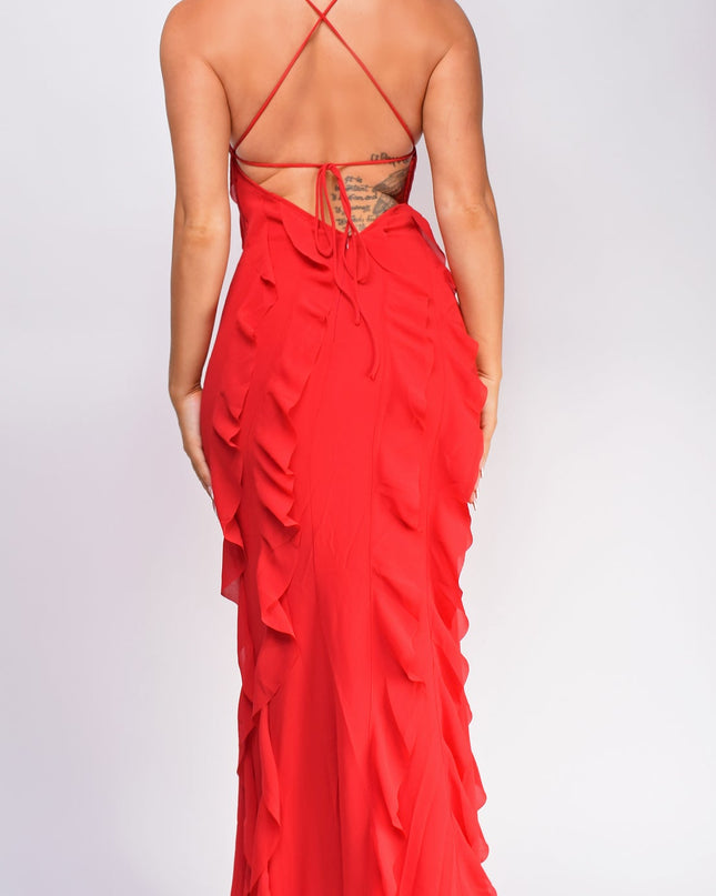 Red Halter Ruffle Maxi Dress