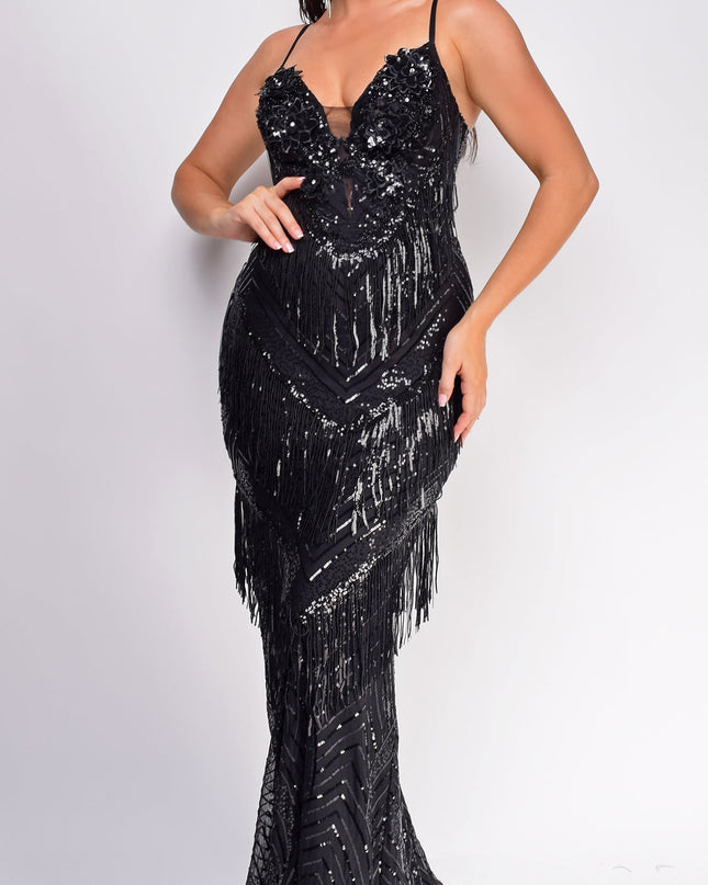 Black Tassel Sequin Maxi Dress