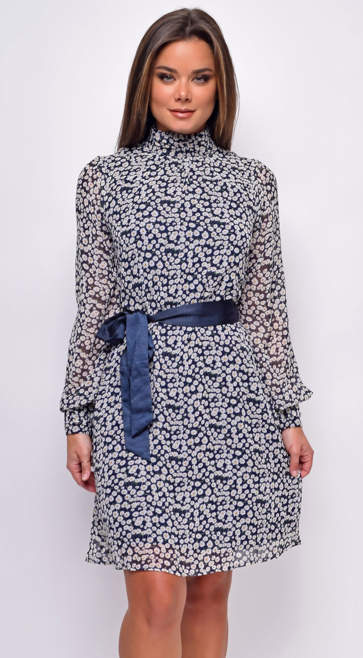 White Navy Floral Mock Neck Waist Tie Mini Dress