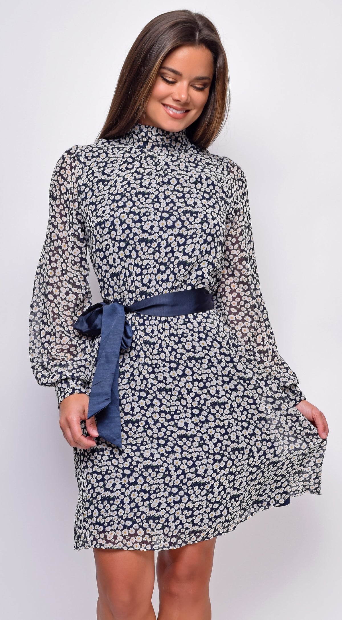 White Navy Floral Mock Neck Waist Tie Mini Dress