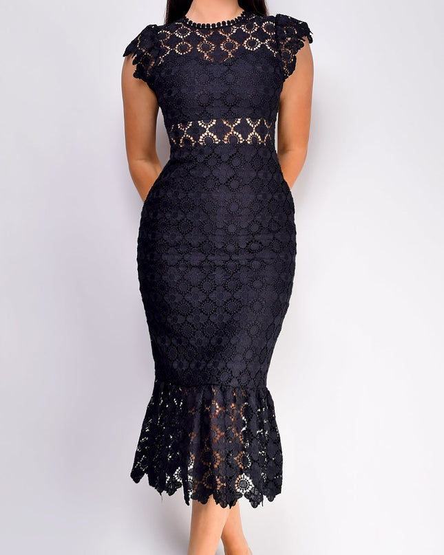 Black Lace Ruffle Midi Dress