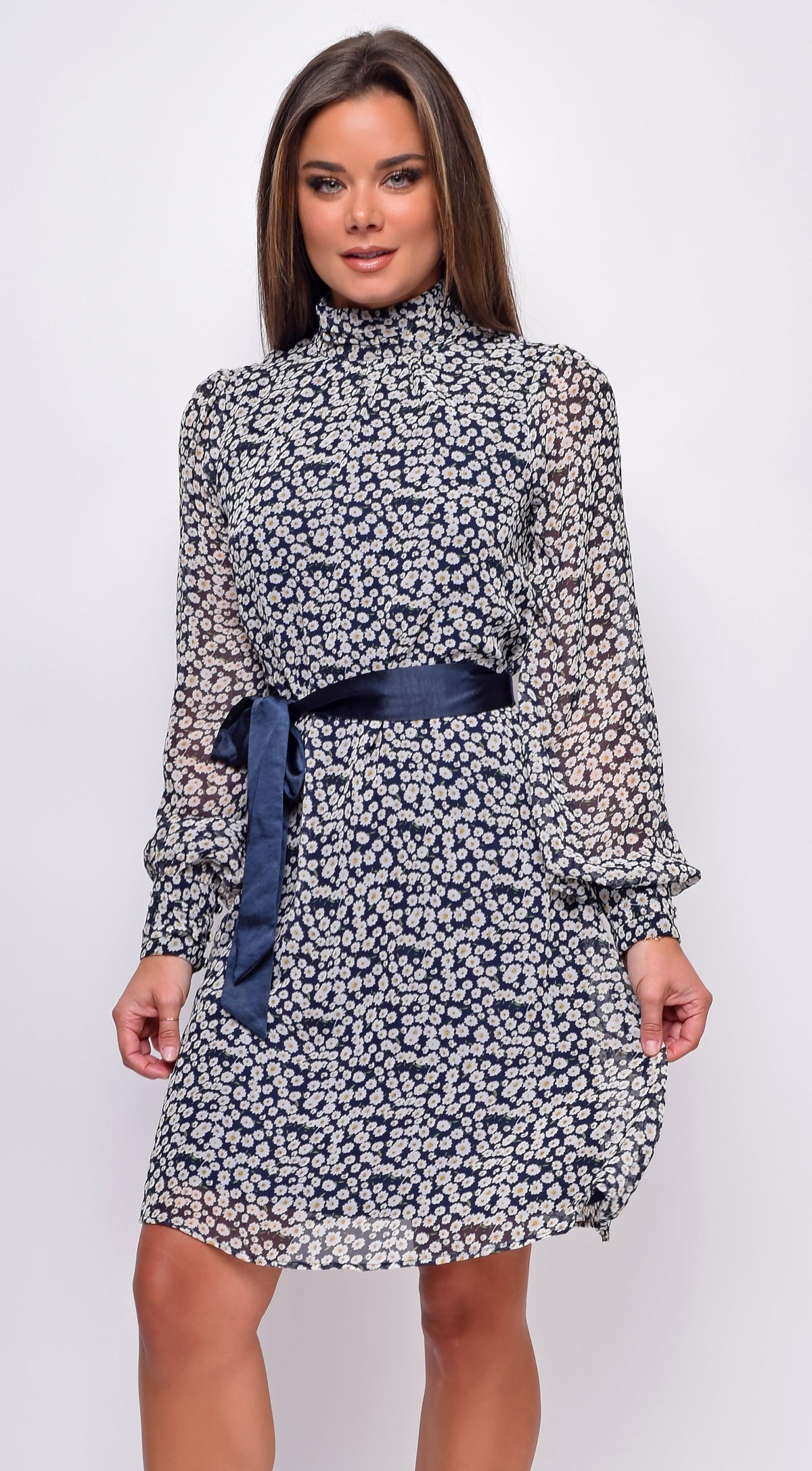 White Navy Floral Mock Neck Waist Tie Mini Dress