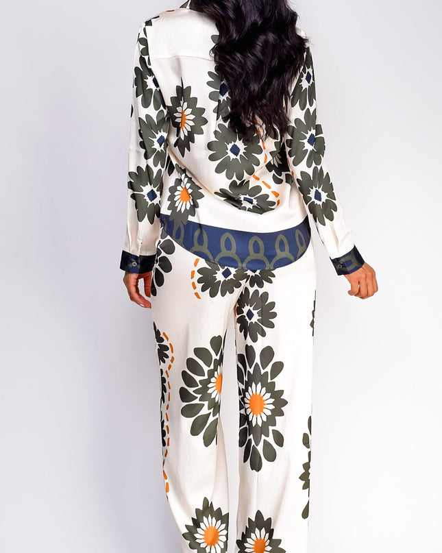 Cream Floral Print Satin Set