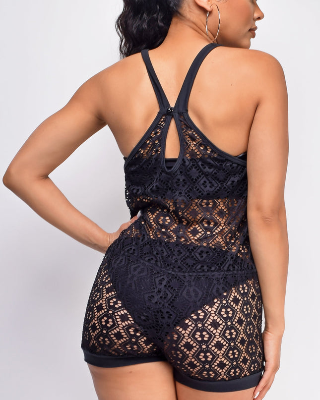 Black Crochet Lace Romper Cover Up