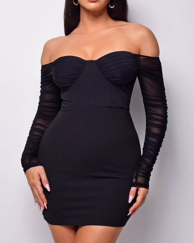 Black Mesh Ruched Sleeve Mini Dress