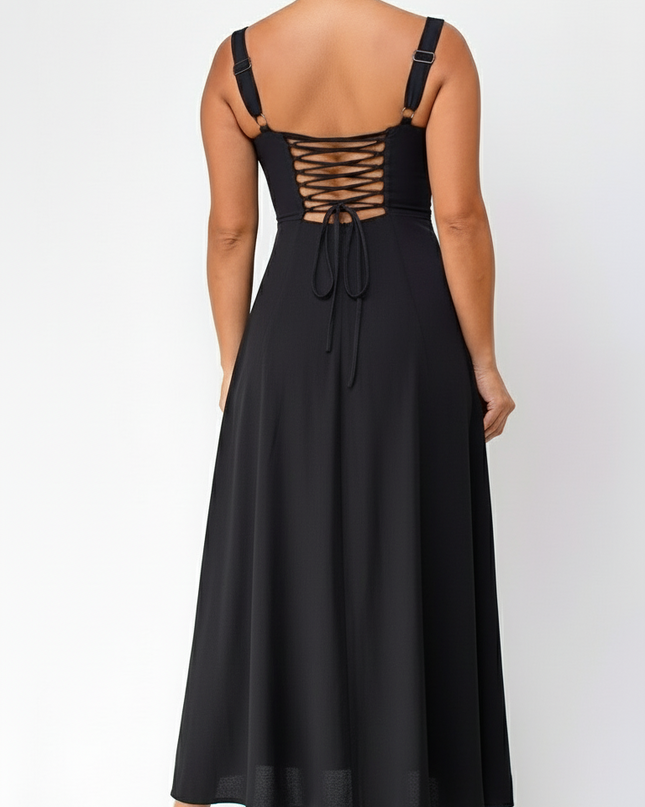 Black Bustier Lace Up Midi Dress