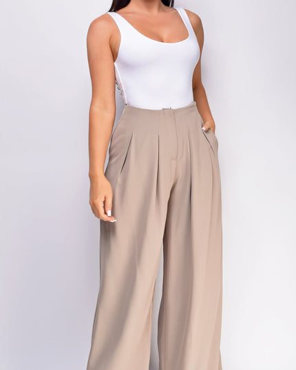 Beige Wide Pleated Wide Leg Pants