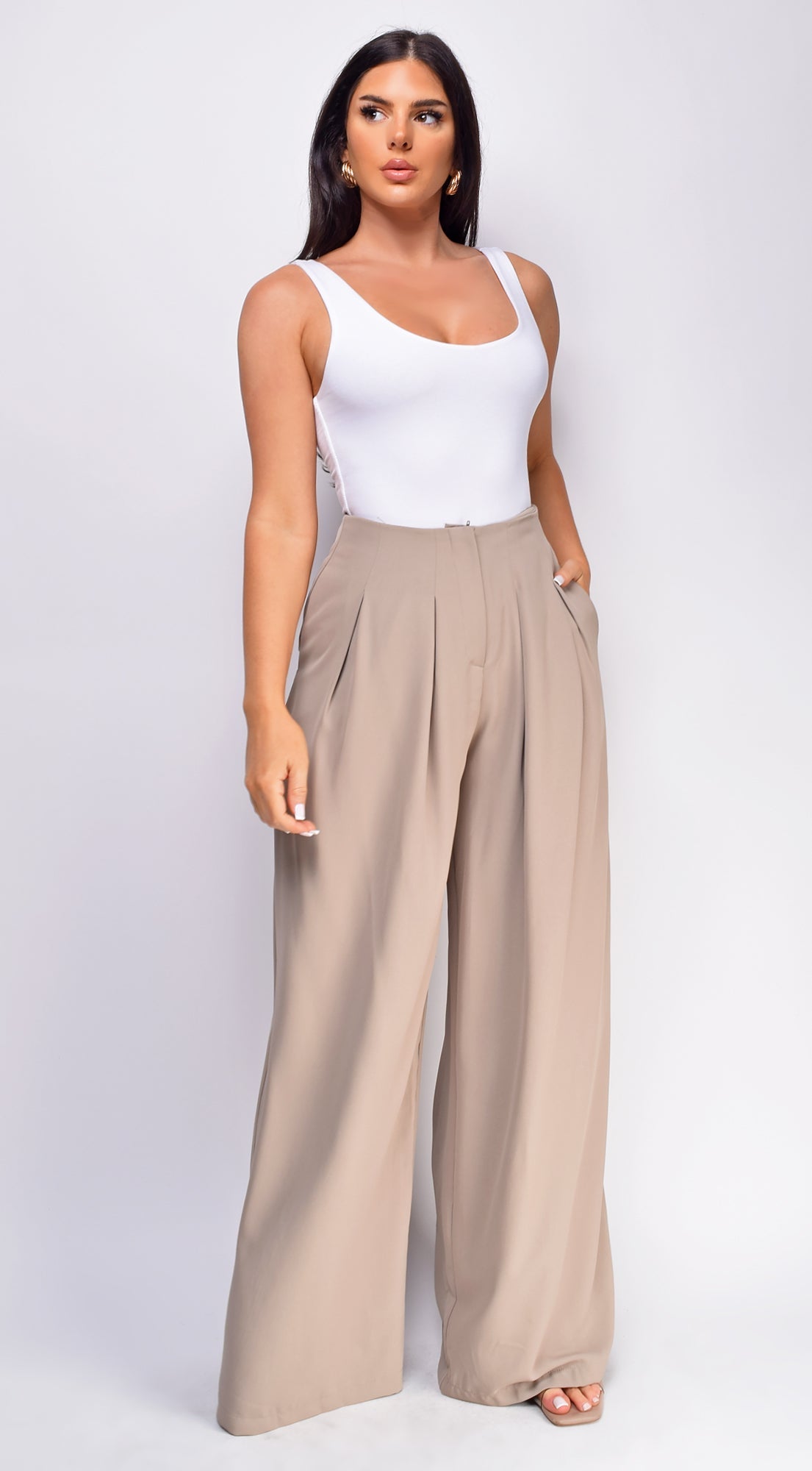 Beige Wide Pleated Wide Leg Pants